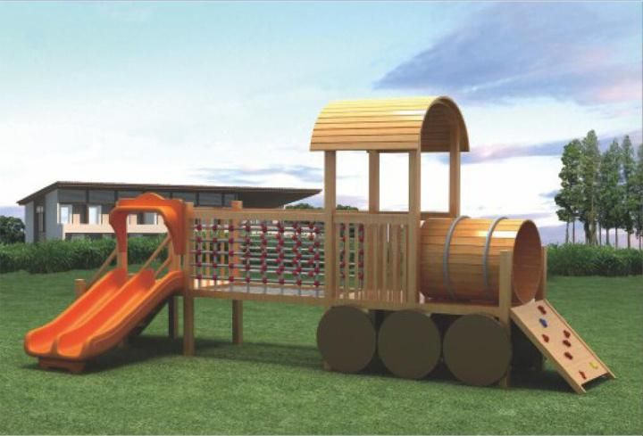 Wooden School Outdoor Children Train Slide Playground Wood Role Play