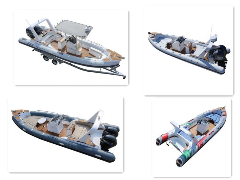 CE 25 Feet 7.6m Various Colors Fiberglass Rigid Hull Inflatable Boat with Front Cabin Sundeck Diving Stern Orca/Hypalon Tube Inflatable Fishing Boat