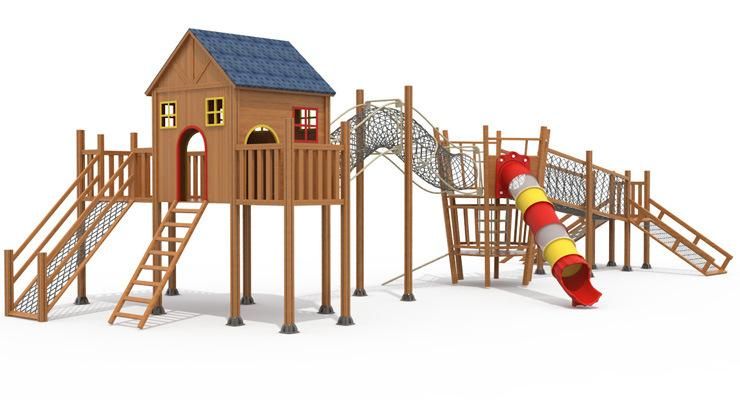 Outdoor Wooden Adventure Playground with Climbing Net in Amusement Park