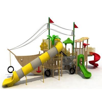 Multifunction Kids Pirate Ship with Climbing Net, Children Outdoor Wooden Slide