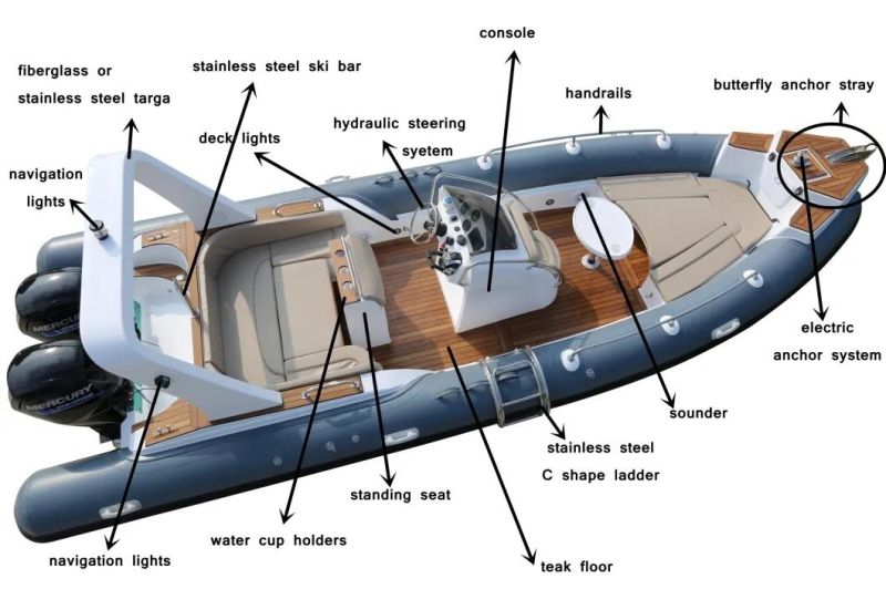 CE 25 Feet 7.6m Various Colors Fiberglass Rigid Hull Inflatable Boat with Front Cabin Sundeck Diving Stern Orca/Hypalon Tube Inflatable Fishing Boat