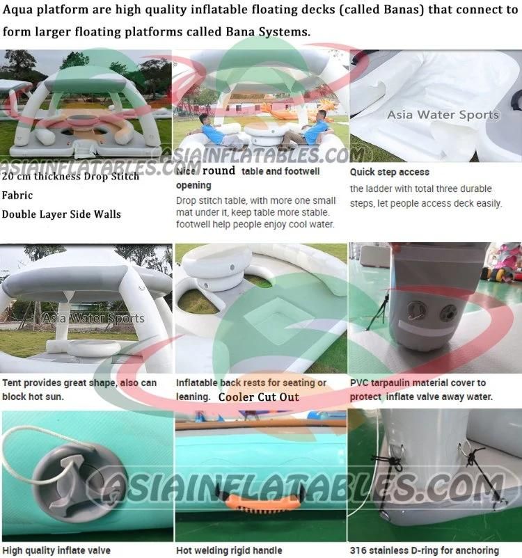 New Design Inflatable Water Leisure Platform with Tent Water Amusement Equipment Floating Island