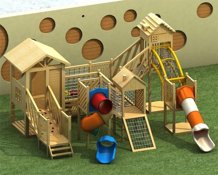 Wooden Playhouse with Climbing Net in Kindergarten and Preschool