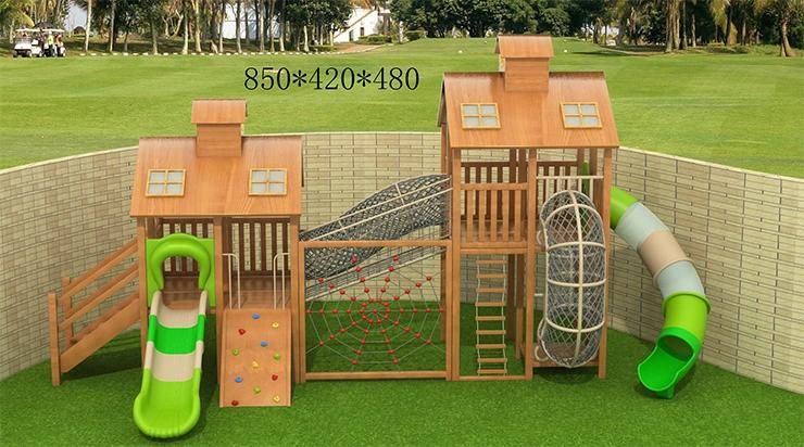 Wooden Playhouse with Climbing Net in Kindergarten and Preschool