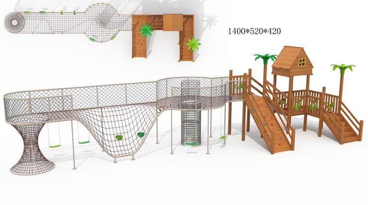 Amusement Park Stainless Steel Climbing Net with Wooden Playground