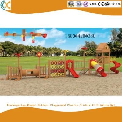 Kindergarten Wooden Outdoor Playground Plastic Slide with Climbing Net