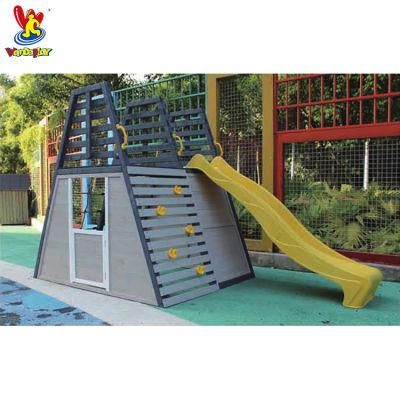 Small Backyard Wooden Playground with Plastic Slide and Climbing Wall