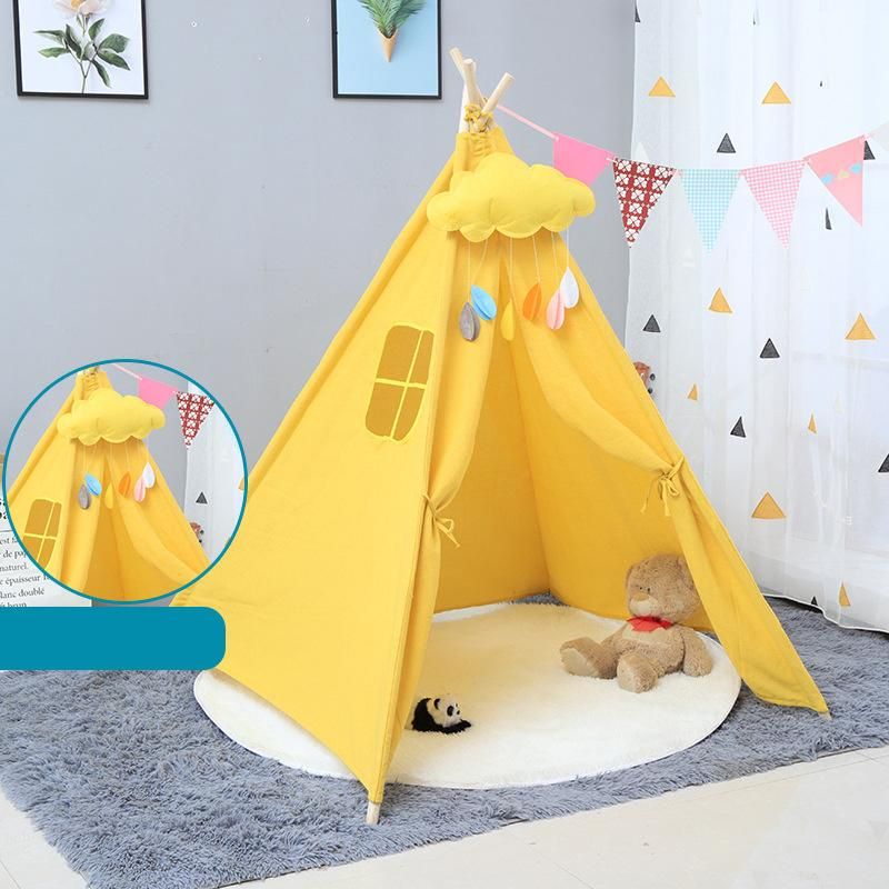 Indoor and Outdoor Children Playing Teepee Tent Cotton Fabric Indian Folding Kids Canvas Tent with Square Pad