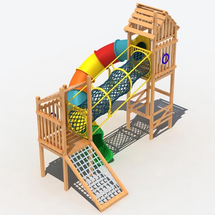 Backyard Wooden Outdoor Playground with Plastic Slide Tunnel for Children