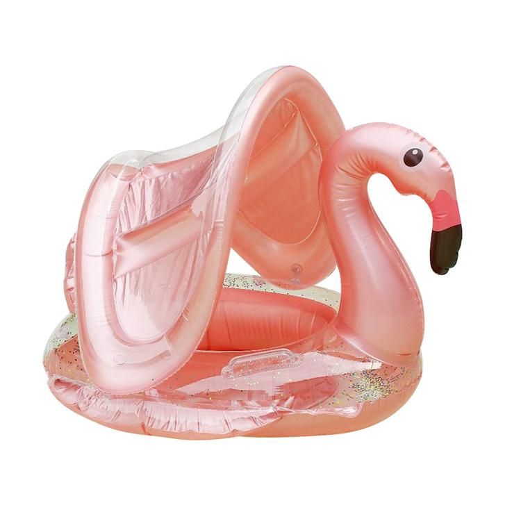 Flamingo Inflatable Swimming Ring Glitter Baby Pool Float with Canopy