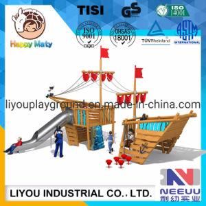 Kids Wooden Pirate Boat Shape Outdoor Playground Plastic Slide with Climbing Wall Net
