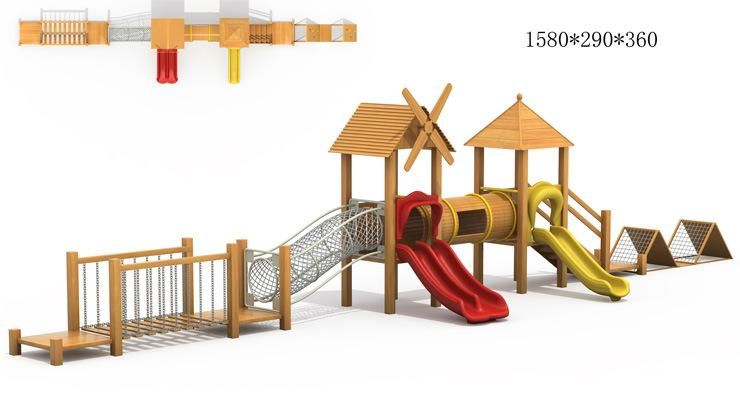 Wooden Outdoor Playground Swinging Bridge with Plastic Slide