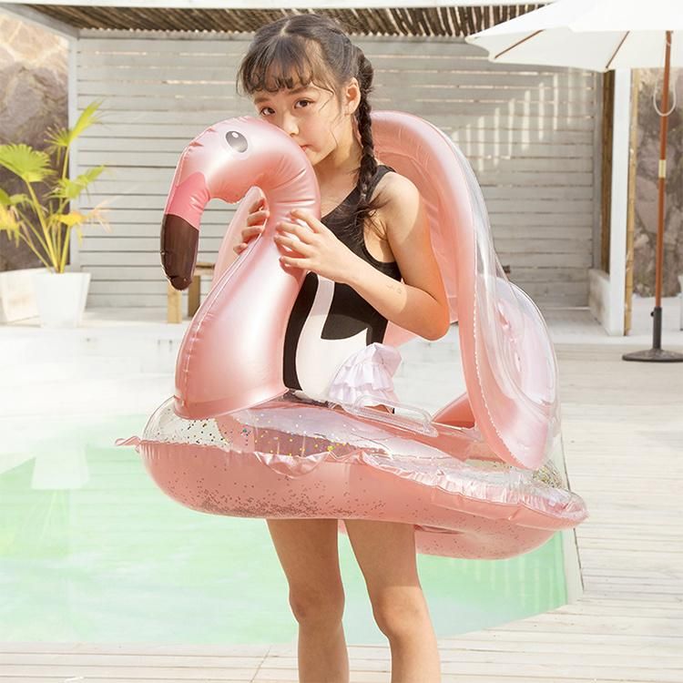 Flamingo Inflatable Swimming Ring Glitter Baby Pool Float with Canopy