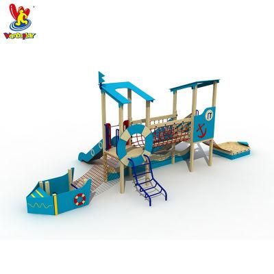 Amusement Park Ocean Color Wooden Pirate Ship Playhouse Kids Outdoor Rope Net Playground Water Park Equipment with Sand Pool