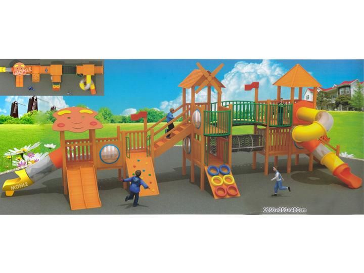 Wooden Outdoor Playground Swinging Bridge with Plastic Slide