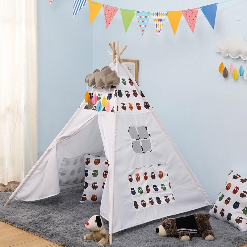 Indoor and Outdoor Children Playing Teepee Tent Cotton Fabric Indian Folding Kids Canvas Tent with Square Pad