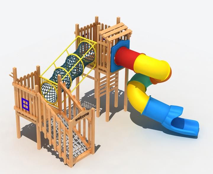 Backyard Wooden Outdoor Playground with Plastic Slide Tunnel for Children