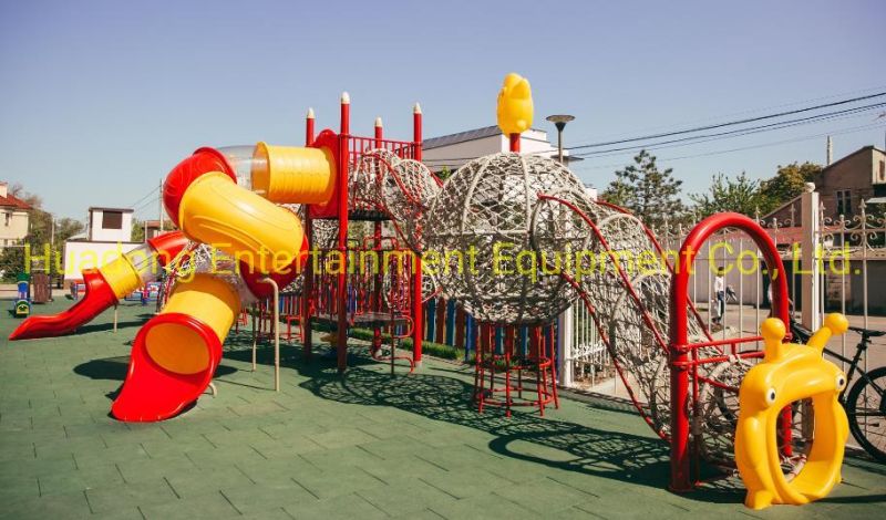 Metal Frame Custom Climbing Outdoor Play Set Rope Nets with Tube Slide for School Park and Beach Children Playground Equipment
