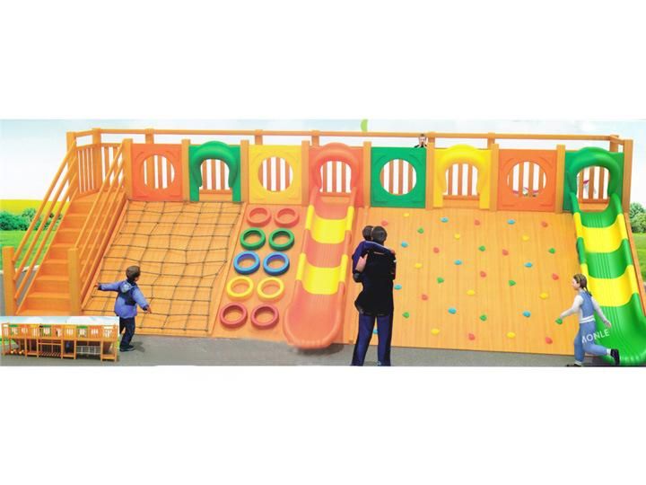 Kindergarten Children Wooden Playground with Plastic Slide and Climbing Wall