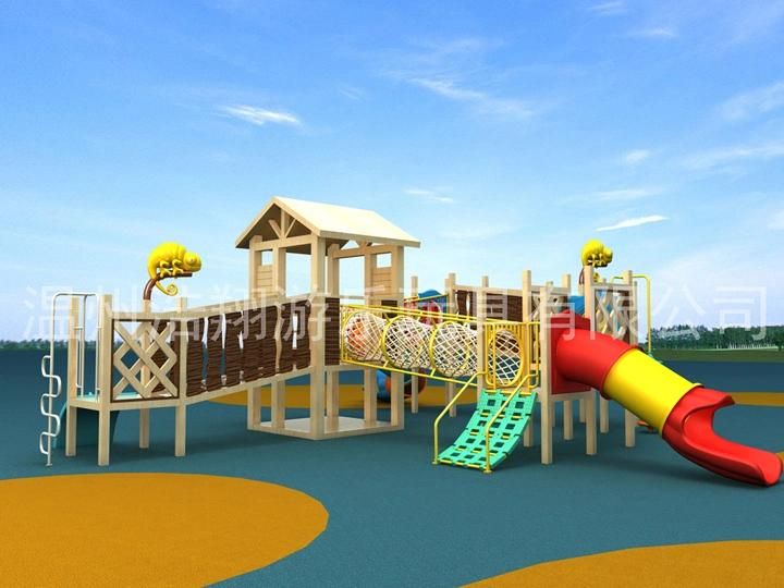 Kindergarten Wooden Outdoor Playground Plastic Slide with Climbing Net