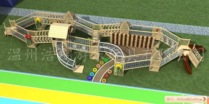 Outdoor Wooden Adventure Playground with Climbing Net in Amusement Park