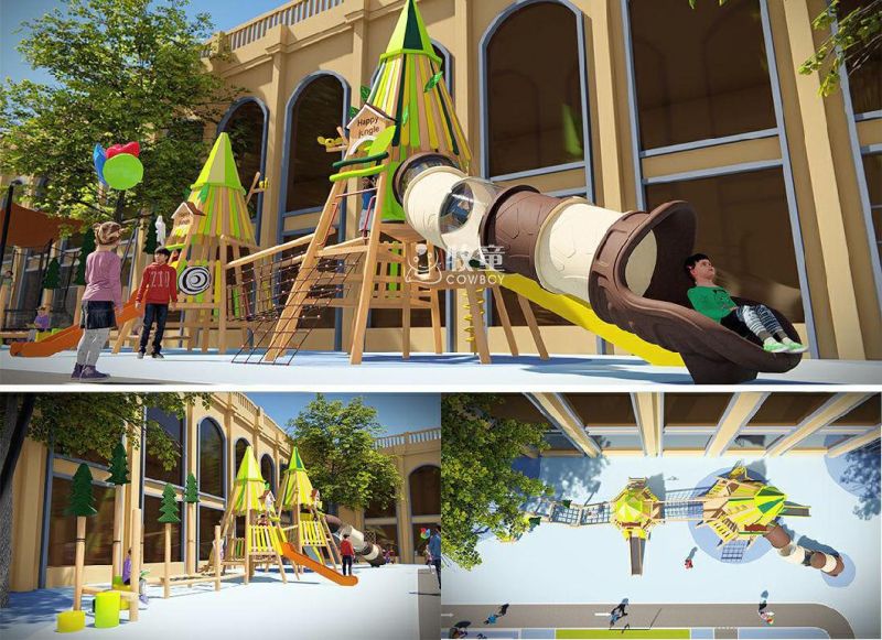 Cowboy Customized Wooden Playground with Trampoline Kid Slide Outdoor Preschool
