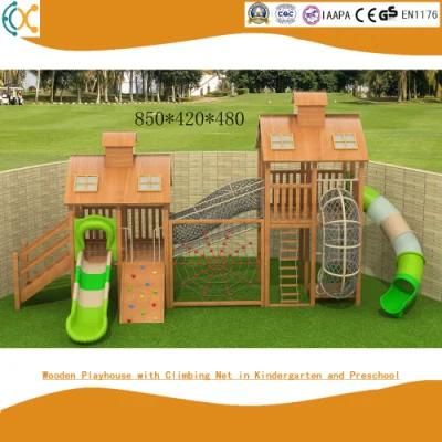 Wooden Playhouse with Climbing Net in Kindergarten and Preschool
