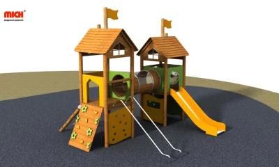Small Outdoor Wooden Kids Playhouse with Climbing Board and Stainless Steel Slides